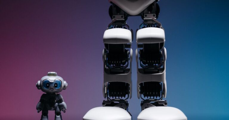 investment ai - A large robot stands beside a small toy robot with colorful studio lighting, showcasing technology innovation