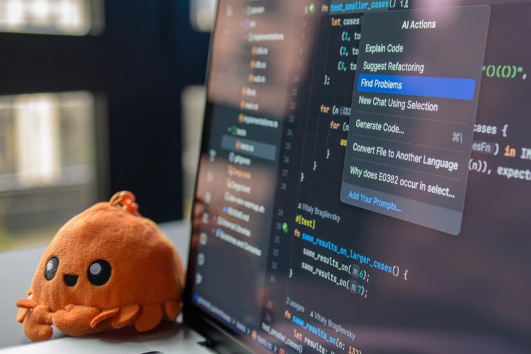 ai coding startup - A cute octopus toy sits beside a laptop displaying code.