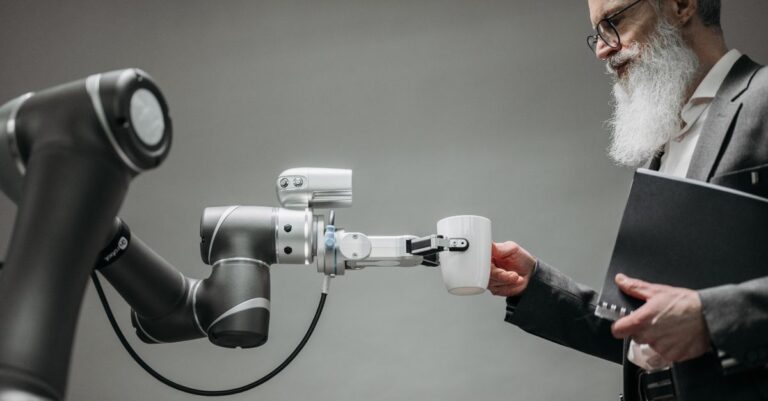 enterprise ai deployment - An elderly man receives a cup from a robotic arm in a modern office setting.