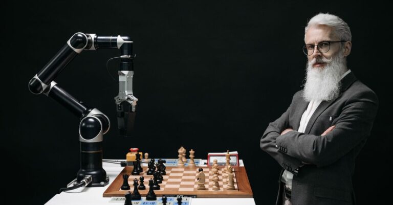 mistral ai infrastructure - A robotic arm and a bearded man engaged in a strategic chess game highlighting technology and inn