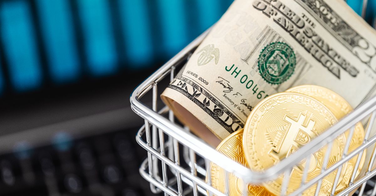 rebuilding payments landscape - Close-up of bitcoin coins and US dollars in a shopping cart on a laptop, symbolizing digital