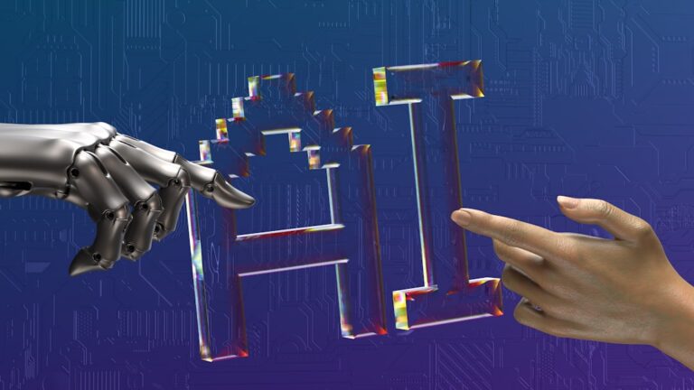 ai risk management - robot and human hands reaching toward ai text