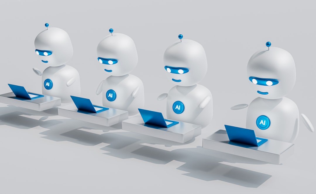 robo advisory AI investing - a group of white robots sitting on top of laptops