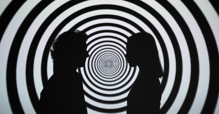 ai usage hallucinations - Silhouette of people facing each other with a hypnotic spiral background, creating an optical illus