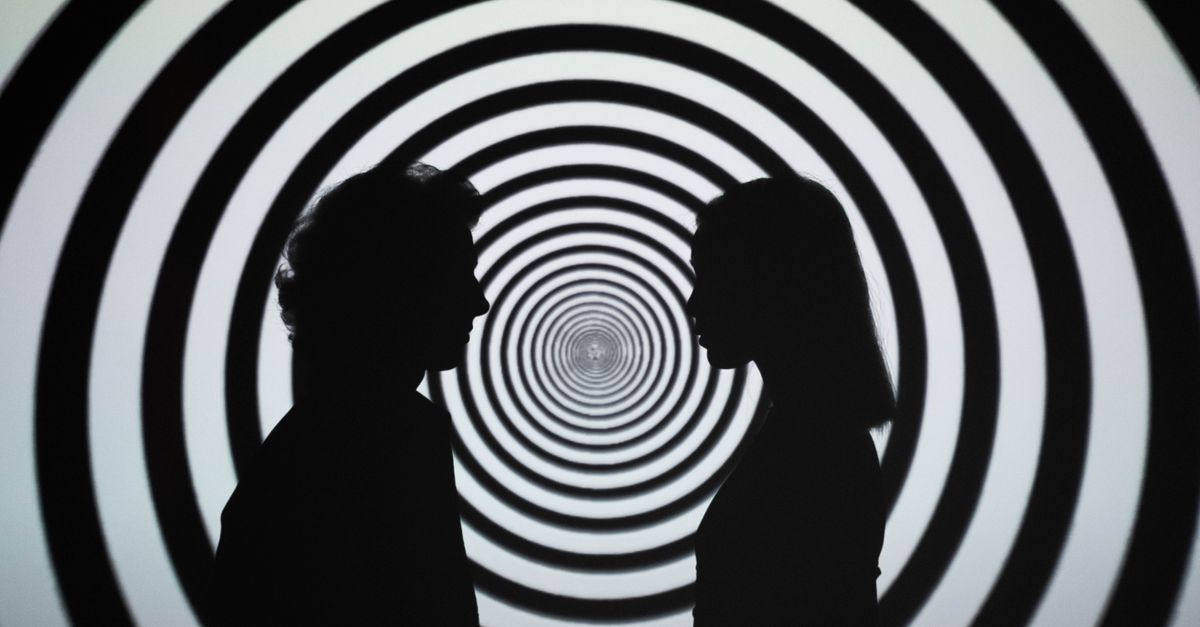 ai usage hallucinations - Silhouette of people facing each other with a hypnotic spiral background, creating an optical illus