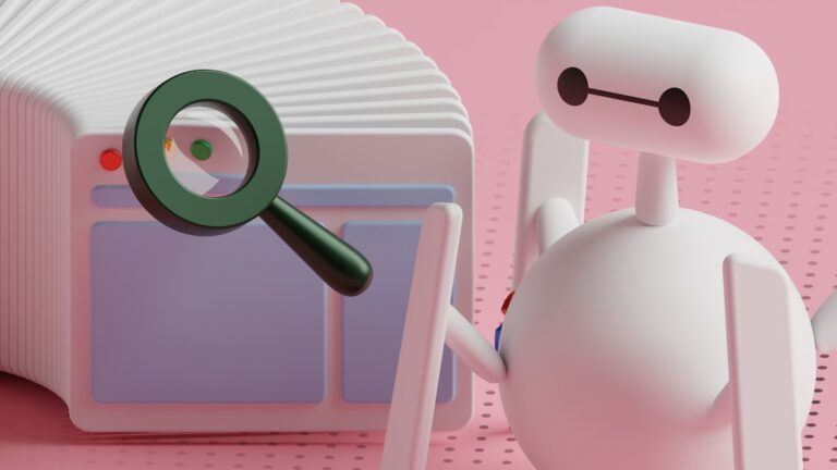 ai chatbots banking - a white robot holding a magnifying glass