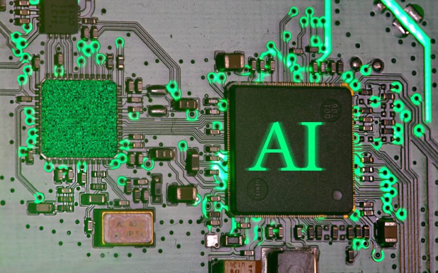 ai cyberattack enterprises - Glowing ai chip on a circuit board.