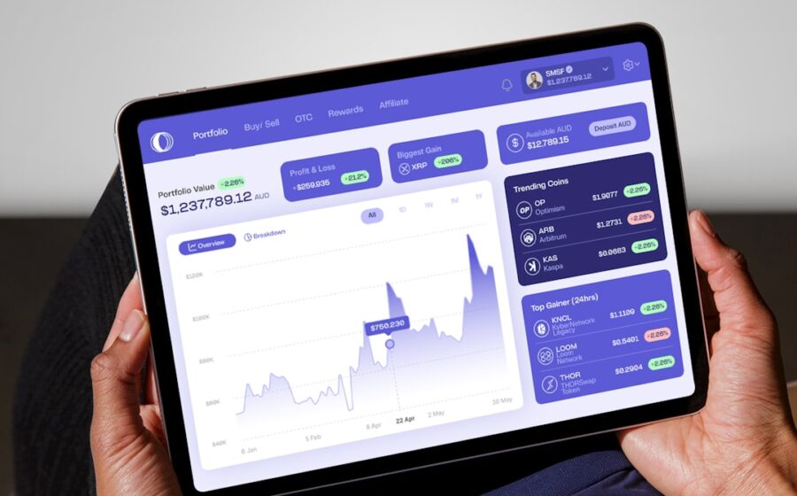blockchain transfer agency - a person holding a tablet displaying a stock chart