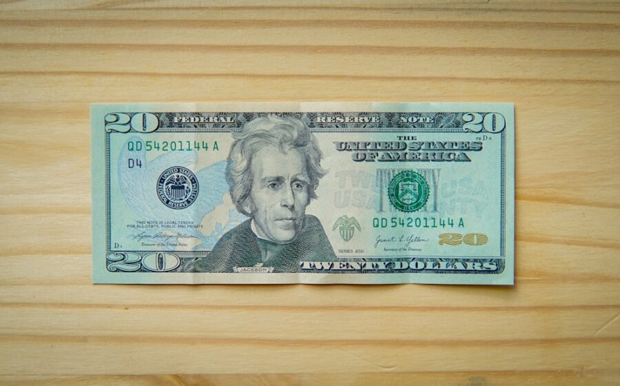 debit interchange plan - A twenty-dollar bill rests on a light wooden background.