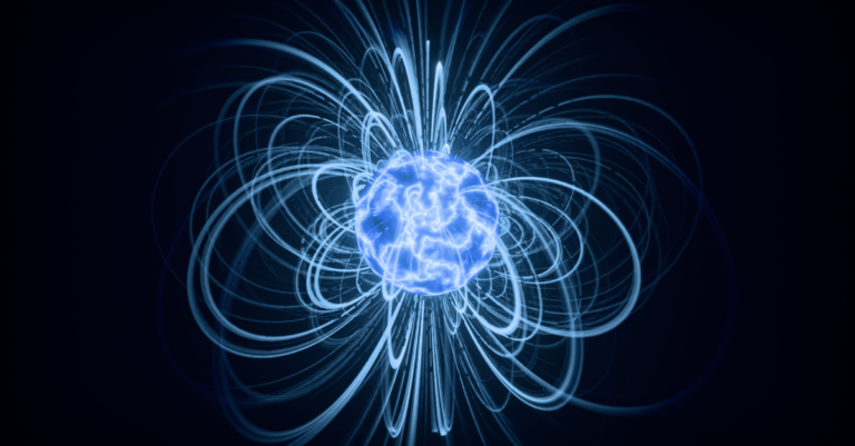 quantum computing collaboration - Abstract visualization of blue magnetic field lines surrounding a glowing sphere.
