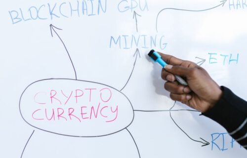 MiCA crypto regulation Europe - Close-up of a hand pointing at a flowchart diagram related to cryptocurrency on a whiteboard.