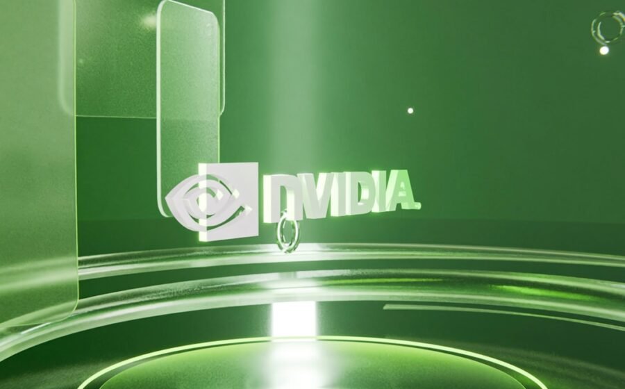 nvidia ai banking - Nvidia logo on a green digital abstract background.