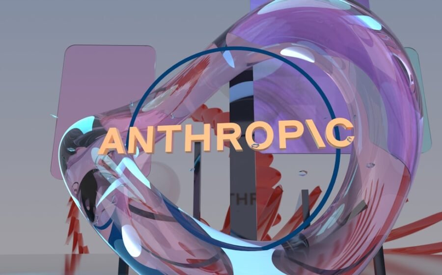 anthropic ipo - Orange anthropic text in blue circle over abstract background