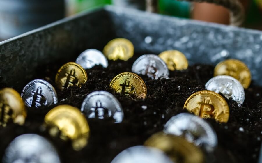 bitcoin fund holdings - Closeup of bitcoin coins buried in soil, symbolizing digital currency and investment growth.