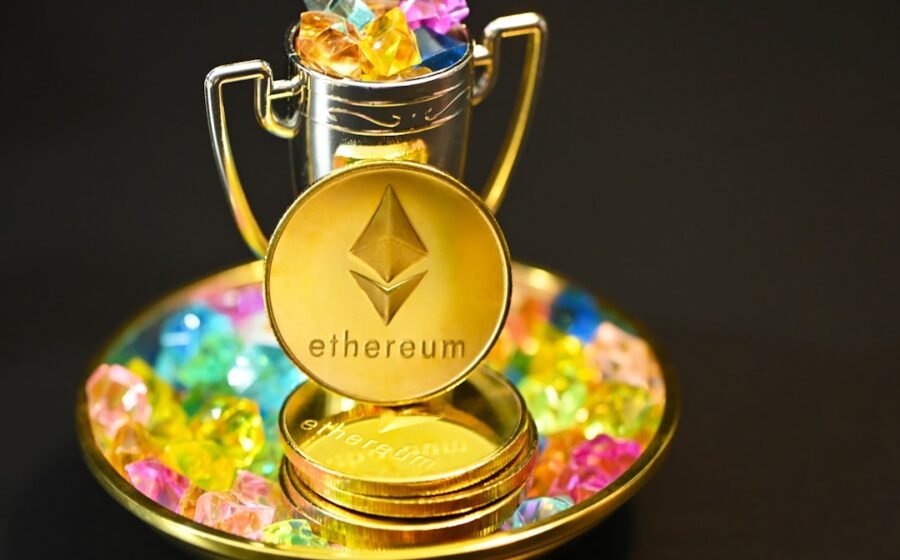 ethereum etf staking - a gold plate with a cup and some candy on it