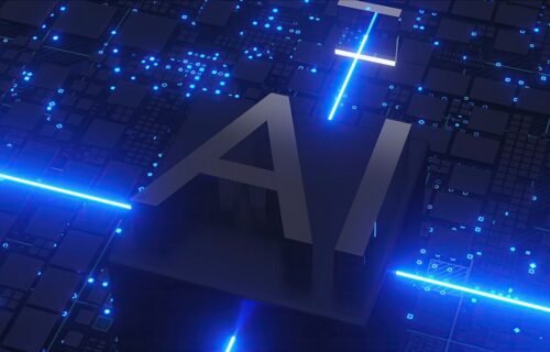mainframe chip ibm - Ai text with glowing blue circuits and lights