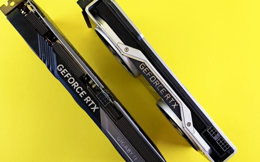 nvidia mercor investment - Top view of dual GeForce RTX graphics cards set against a bright yellow background, emphasizing mo