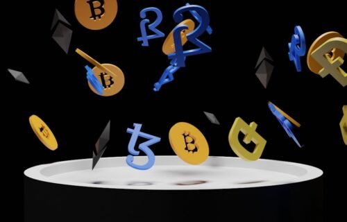blockchain loan marketplace - a bunch of bitcoins falling into the air