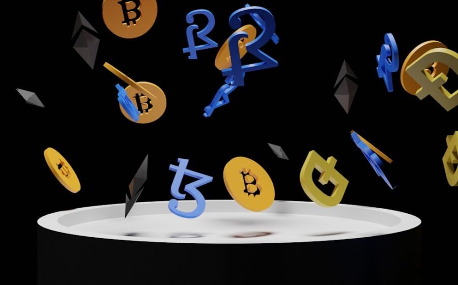 blockchain loan marketplace - a bunch of bitcoins falling into the air