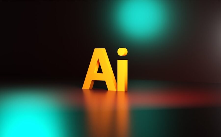 ai accounting startup - Yellow three-dimensional letters spelling Ai on a dark surface with teal lighting