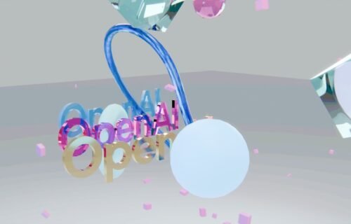 openai ecosystem investment - Colorful 3D 'open' text with floating spheres and geometric shapes