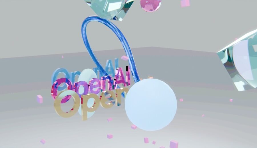 openai ecosystem investment - Colorful 3D 'open' text with floating spheres and geometric shapes