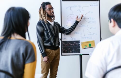 startup CFO responsibilities - Diverse team discusses cryptocurrency strategies using a whiteboard during a meeting.