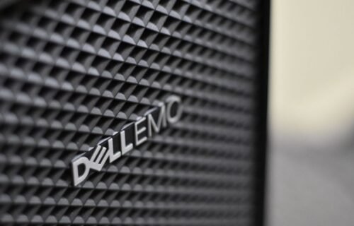 hashkey dtcc working group - Detailed close-up of Dell EMC server logo on hardware grill with shallow focus and textured patt
